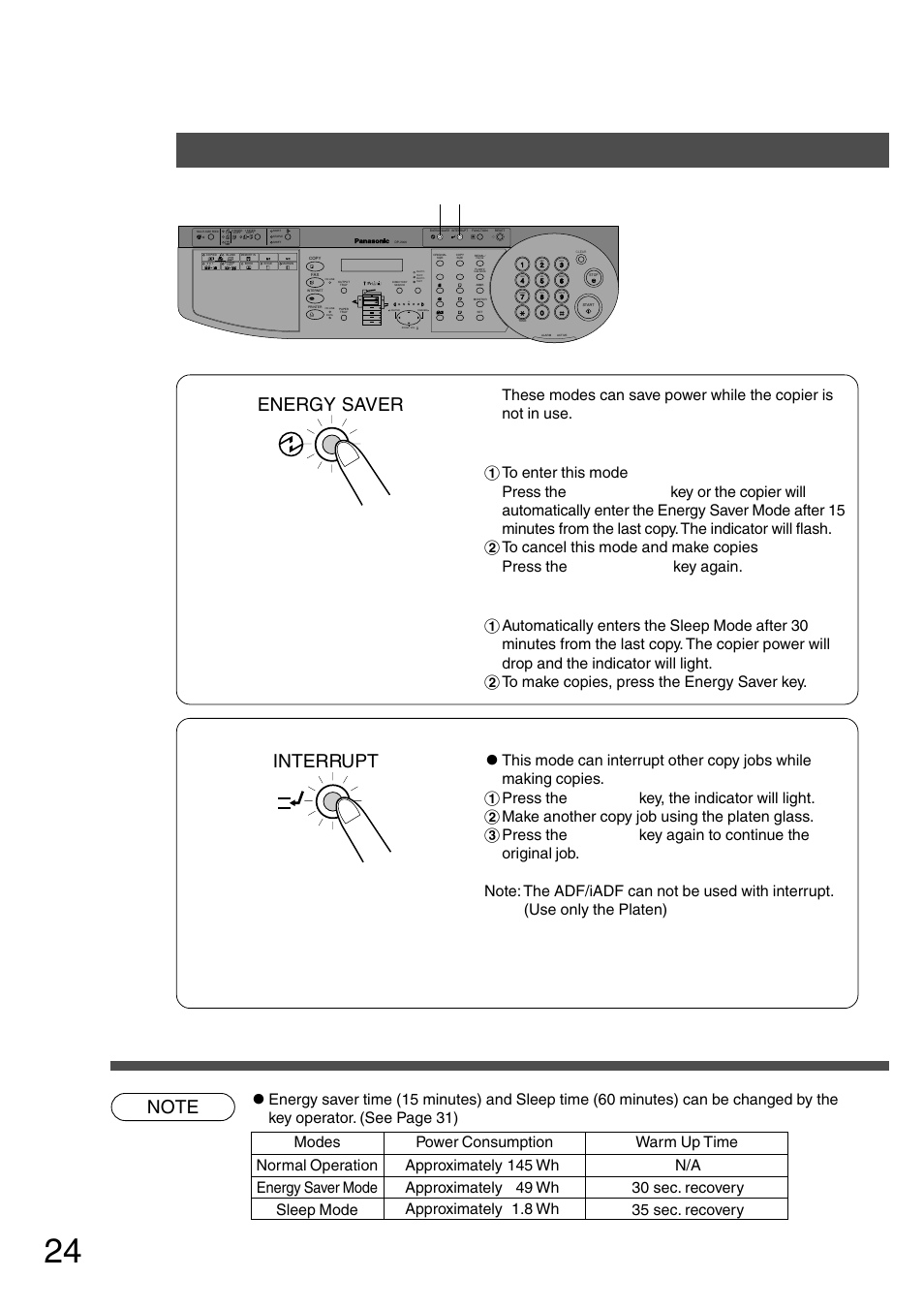 Other features, Energy saver/interrupt mode, P.24 | Energy saver mode, Sleep mode, Interrupt mode, Energy saver interrupt, Energy saver key interrupt key | Panasonic DP-200 User Manual | Page 24 / 63