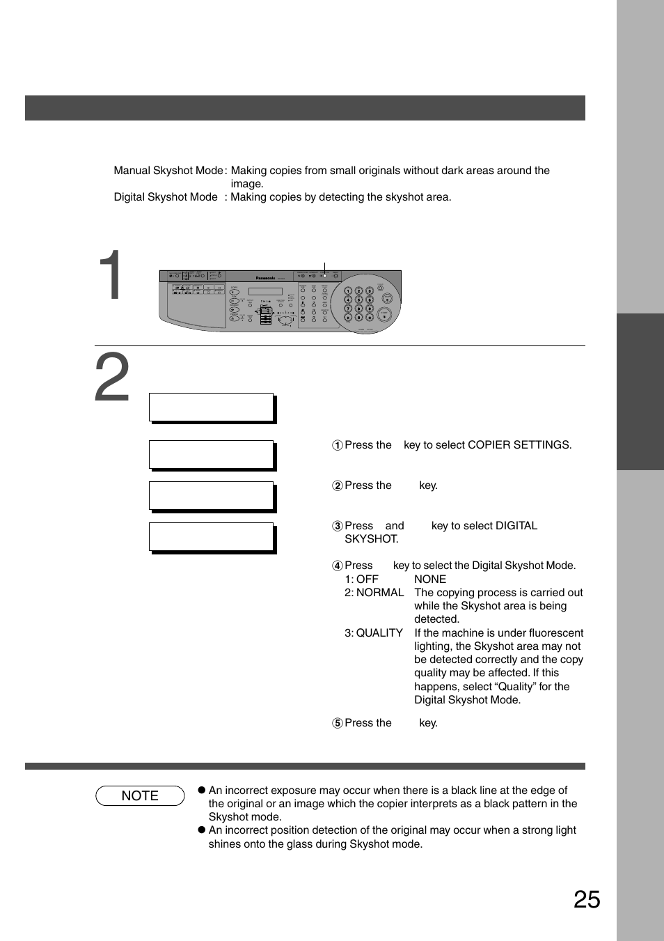 Skyshot mode, Other features skyshot mode, Setting the digital skyshot mode | Press the function key, Proceed as follows, Making copies | Panasonic DP-200 User Manual | Page 25 / 63