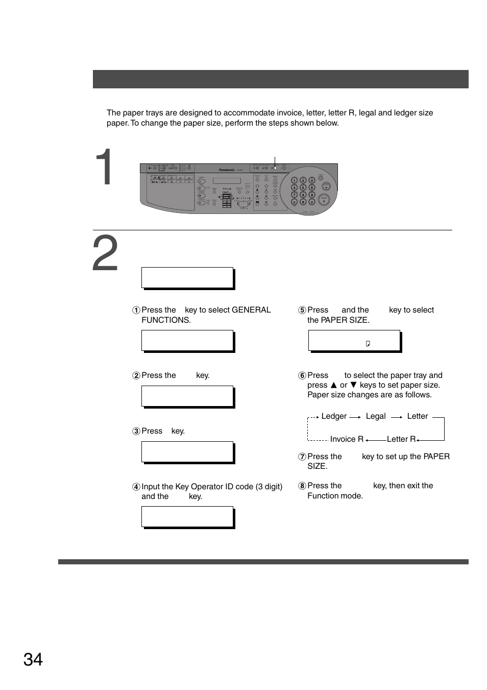Function setting for key operator, Function, Changing the paper size | Press the function key, Proceed as follows, Invoice r | Panasonic DP-200 User Manual | Page 34 / 63