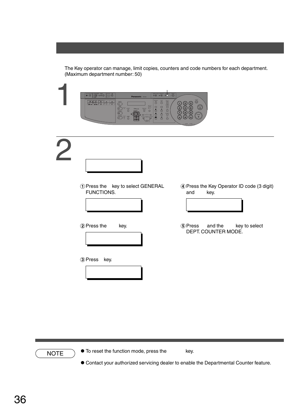 Function setting for key operator function, Departmental counter, Press the function key | Proceed as follows | Panasonic DP-200 User Manual | Page 36 / 63