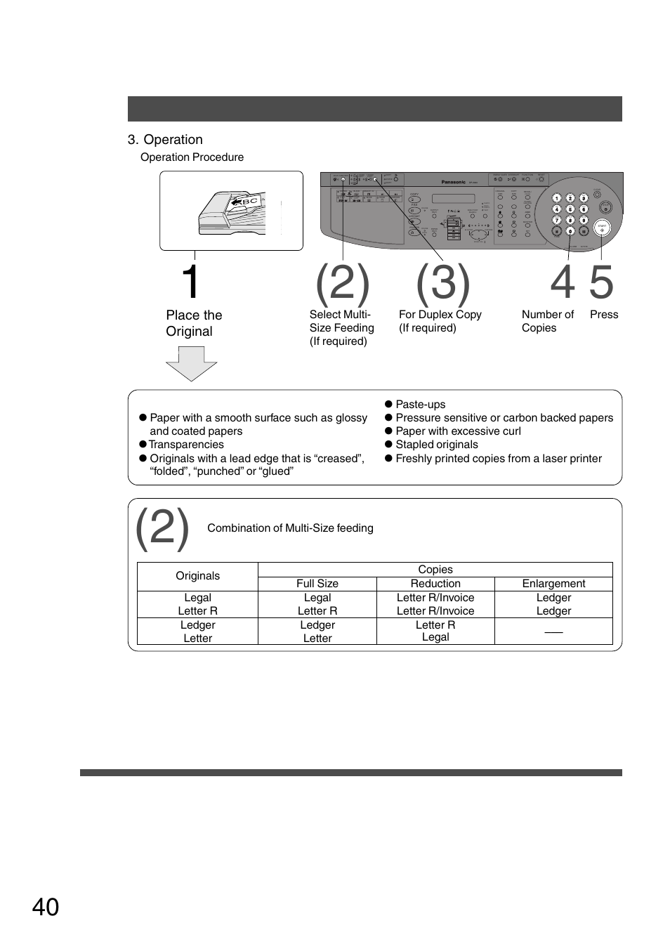 P.40, Automatic document feeder, Accessories | Operation, Place the original, Operation procedure adf/i-adf face-up, Select multi- size feeding (if required), For duplex copy (if required), Number of copies | Panasonic DP-200 User Manual | Page 40 / 63