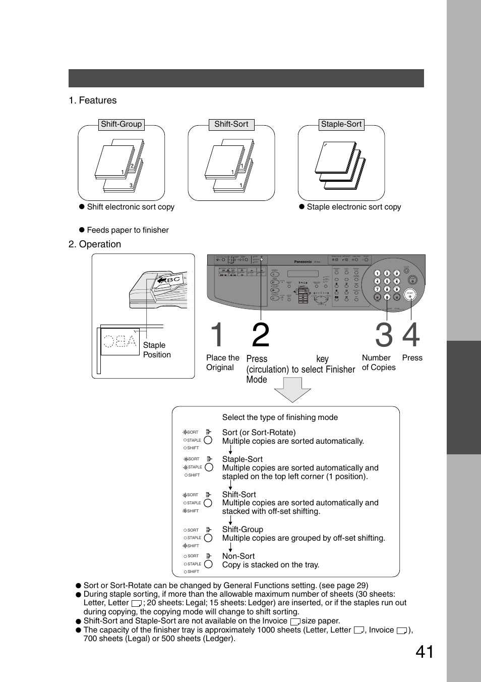 Finisher/exit guide unit, P.41, Accessories | Options, Features, Operation, Adf/i-adf platen face-up, Number of copies, Press start staple position, Place the original | Panasonic DP-200 User Manual | Page 41 / 63