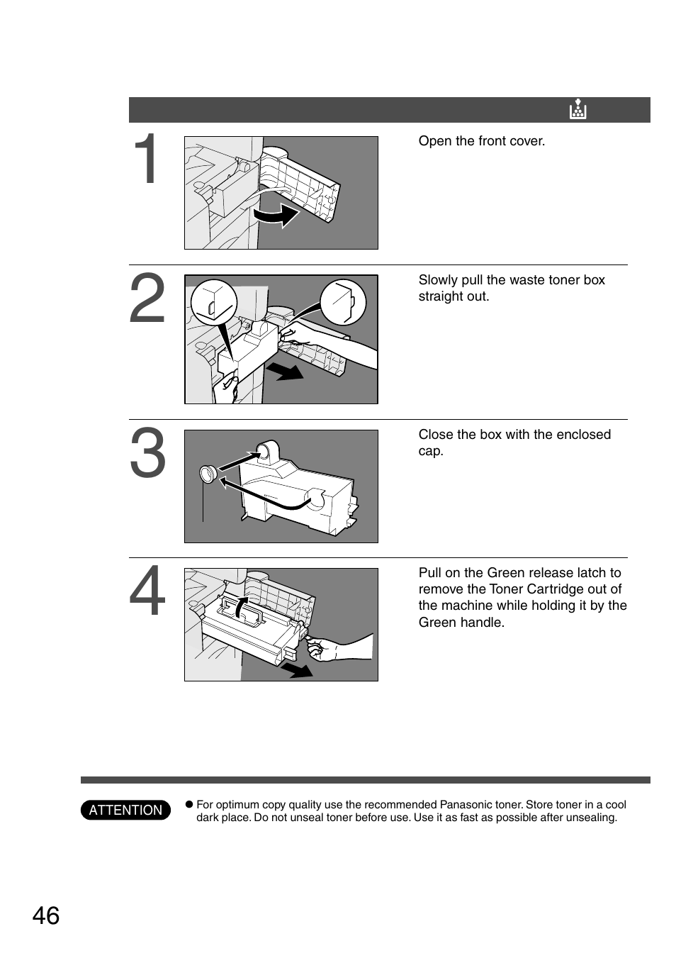 Replacing the toner cartridge and waste toner box | Panasonic DP-200 User Manual | Page 46 / 63
