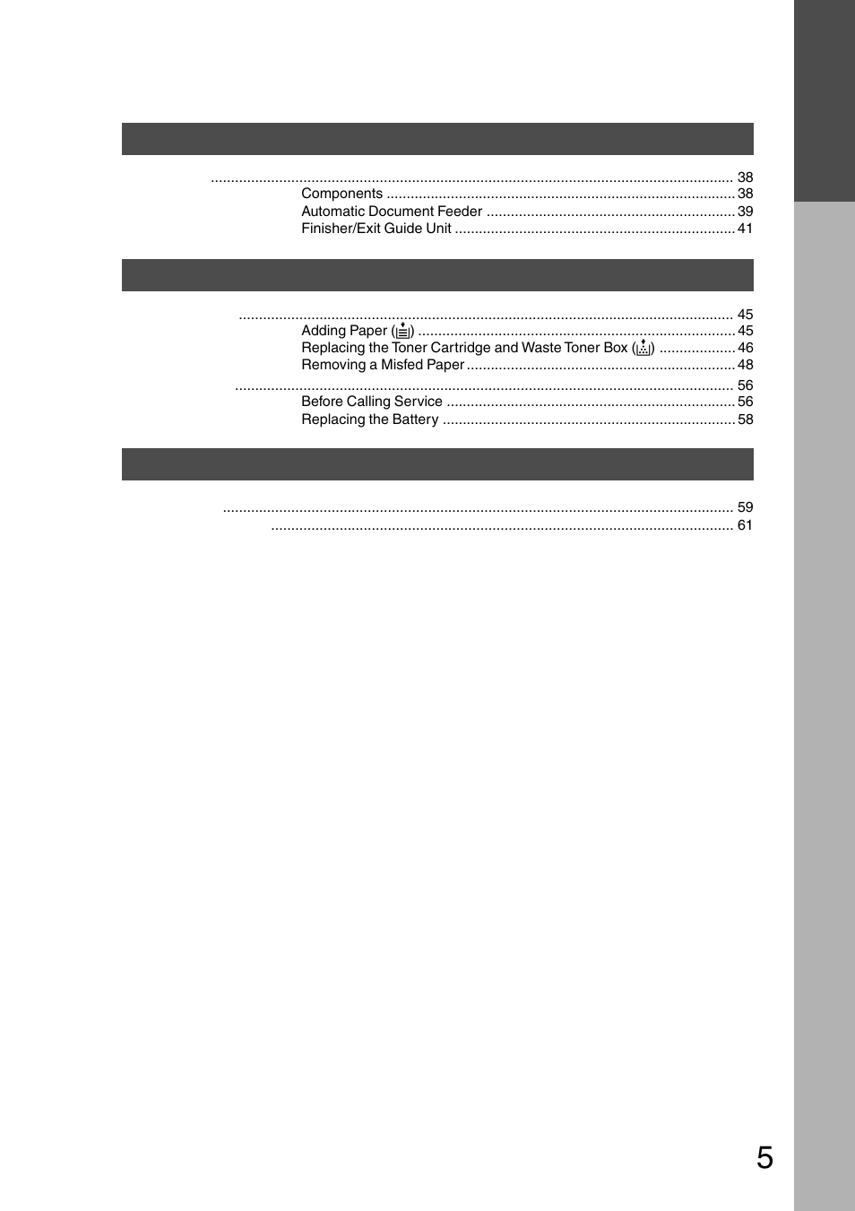 Options, Problem solving, Others | Table of contents options | Panasonic DP-200 User Manual | Page 5 / 63