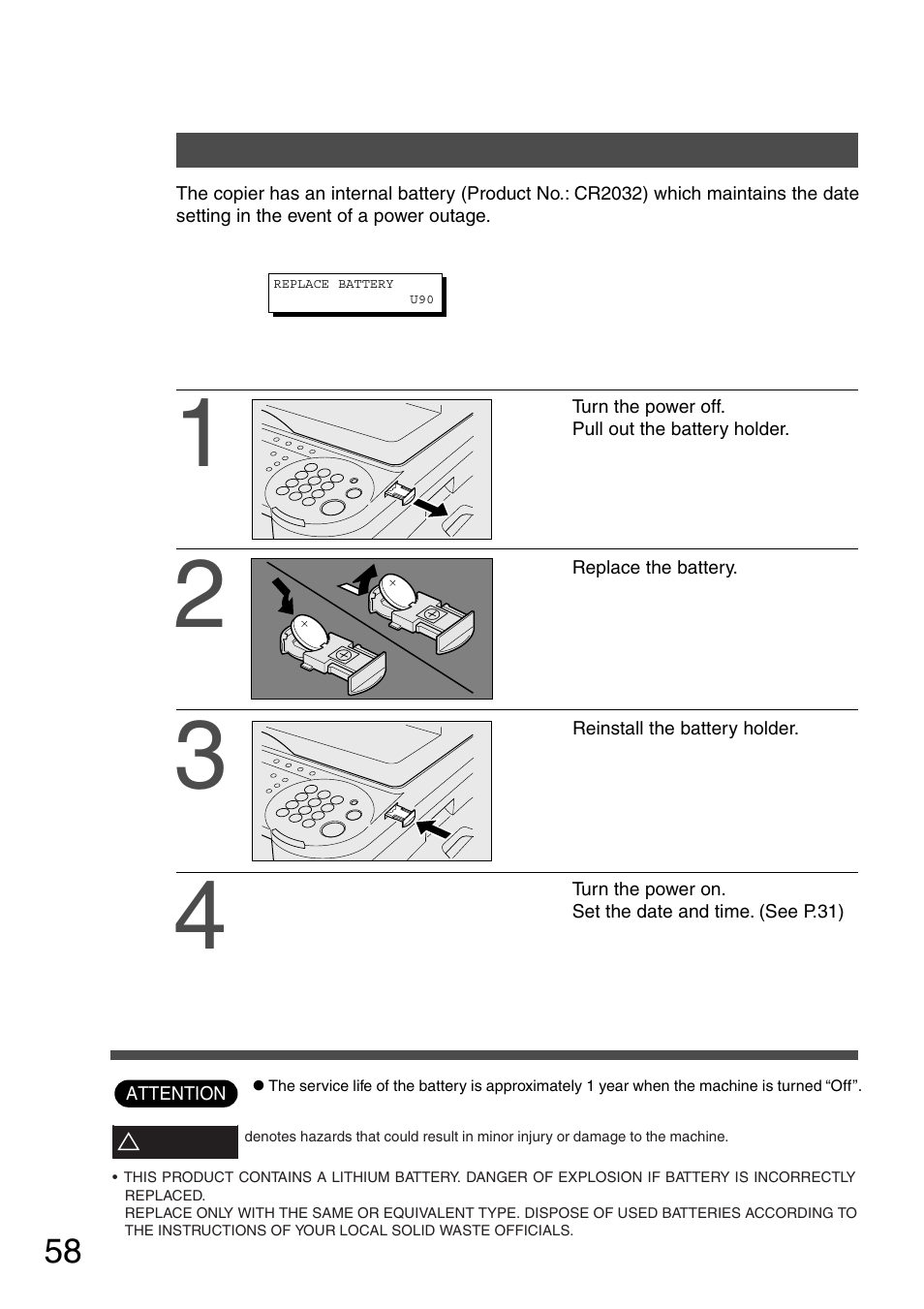 Replacing the battery | Panasonic DP-200 User Manual | Page 58 / 63