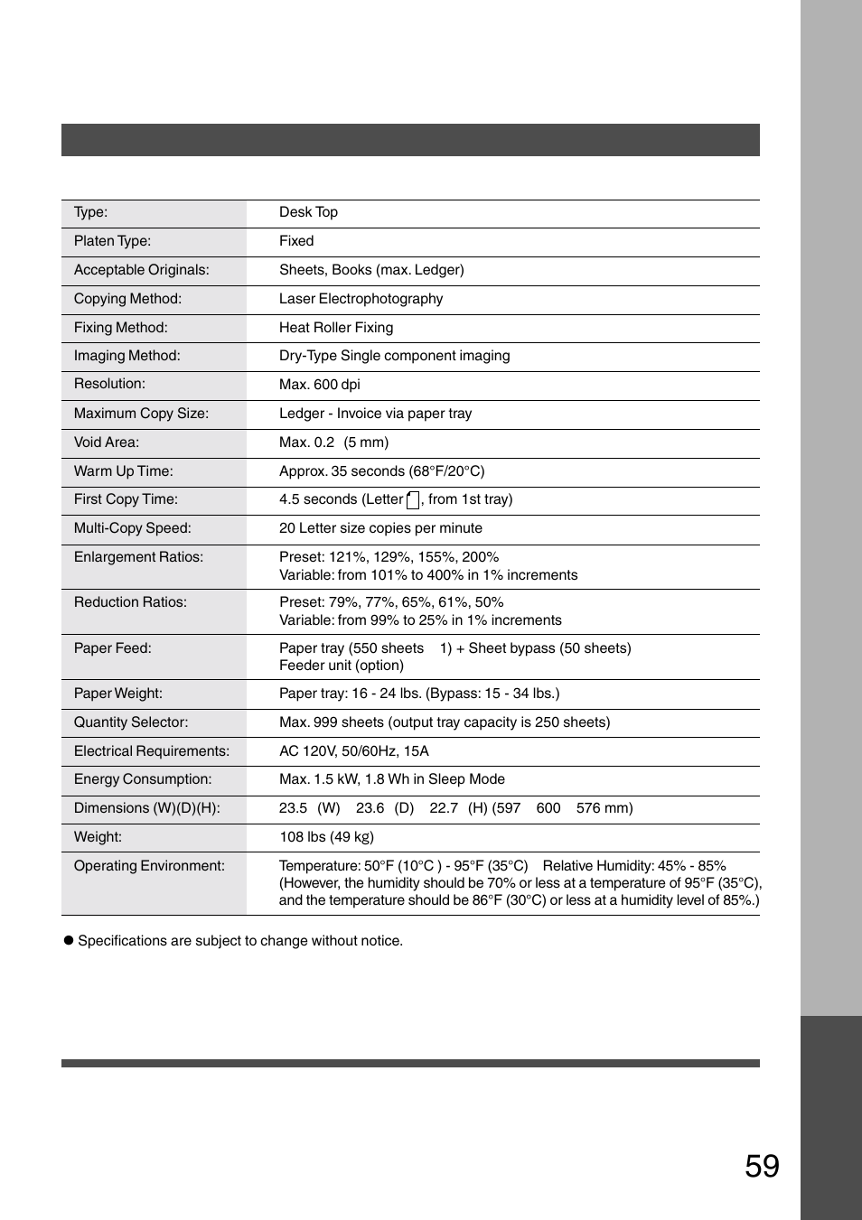 Specifications | Panasonic DP-200 User Manual | Page 59 / 63