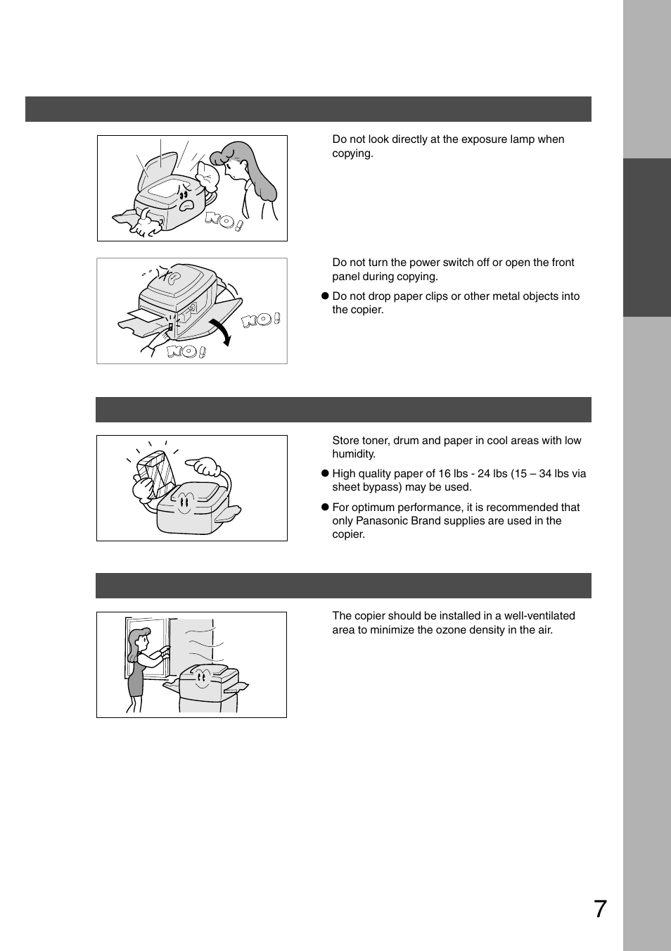 Handling, Toner and paper, Ventilation | Precautions handling | Panasonic DP-200 User Manual | Page 7 / 63