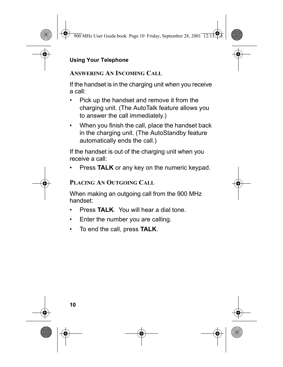 Answering an incoming call, Placing an outgoing call | Panasonic 900 MHz User Manual | Page 14 / 26