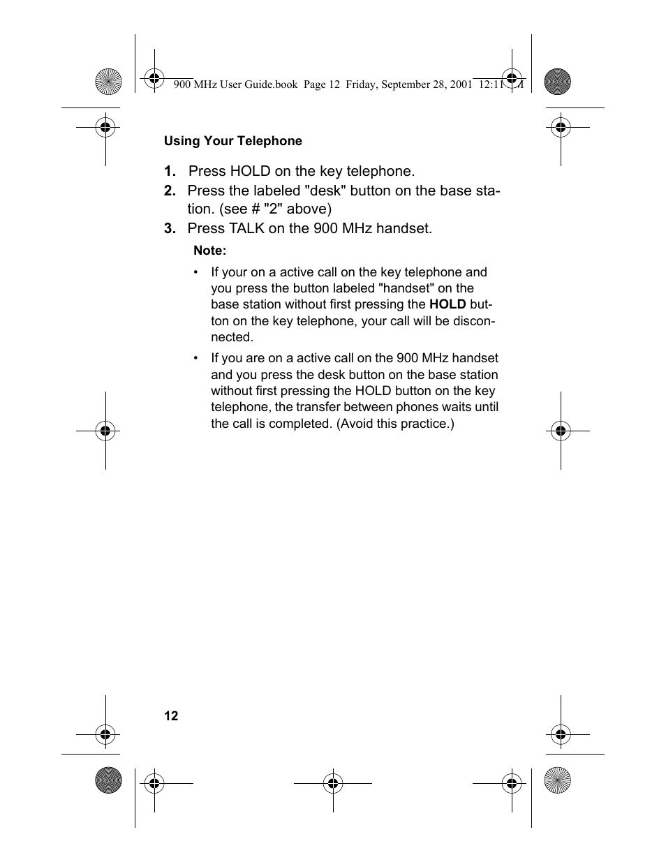 Press hold on the key telephone, Press talk on the 900 mhz handset | Panasonic 900 MHz User Manual | Page 16 / 26