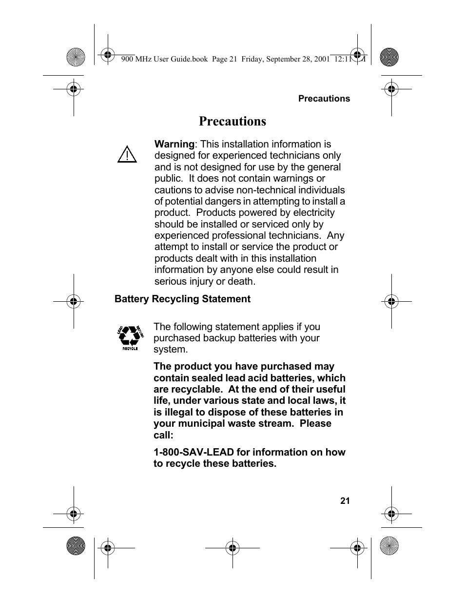 Precautions | Panasonic 900 MHz User Manual | Page 25 / 26