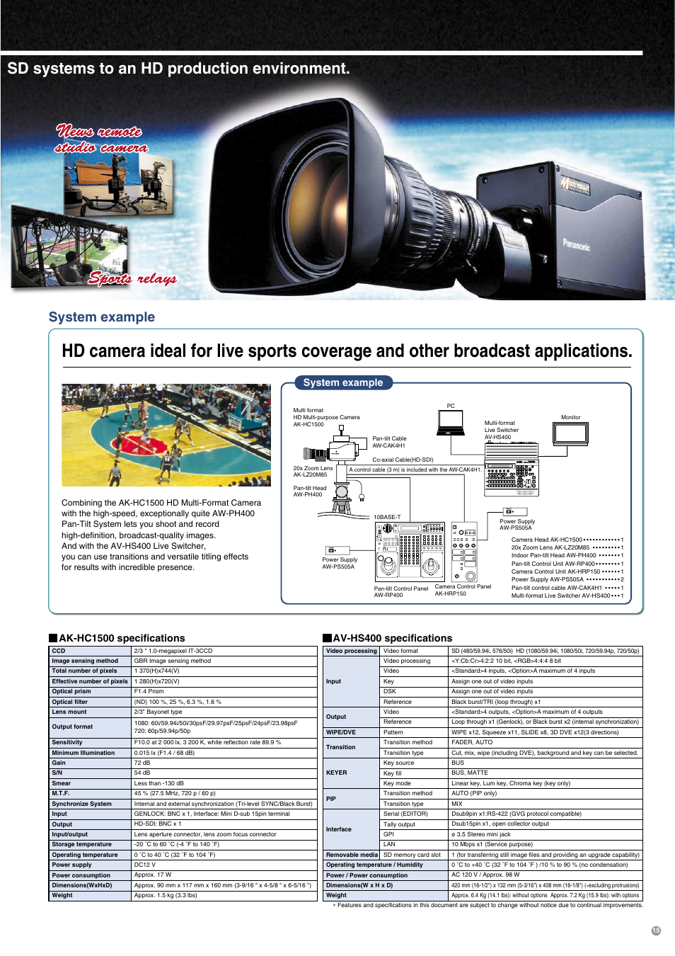 Sd systems to an hd production environment, System example, Ak-hc1500 specifications | Av-hs400 specifications | Panasonic 3CCD User Manual | Page 15 / 16