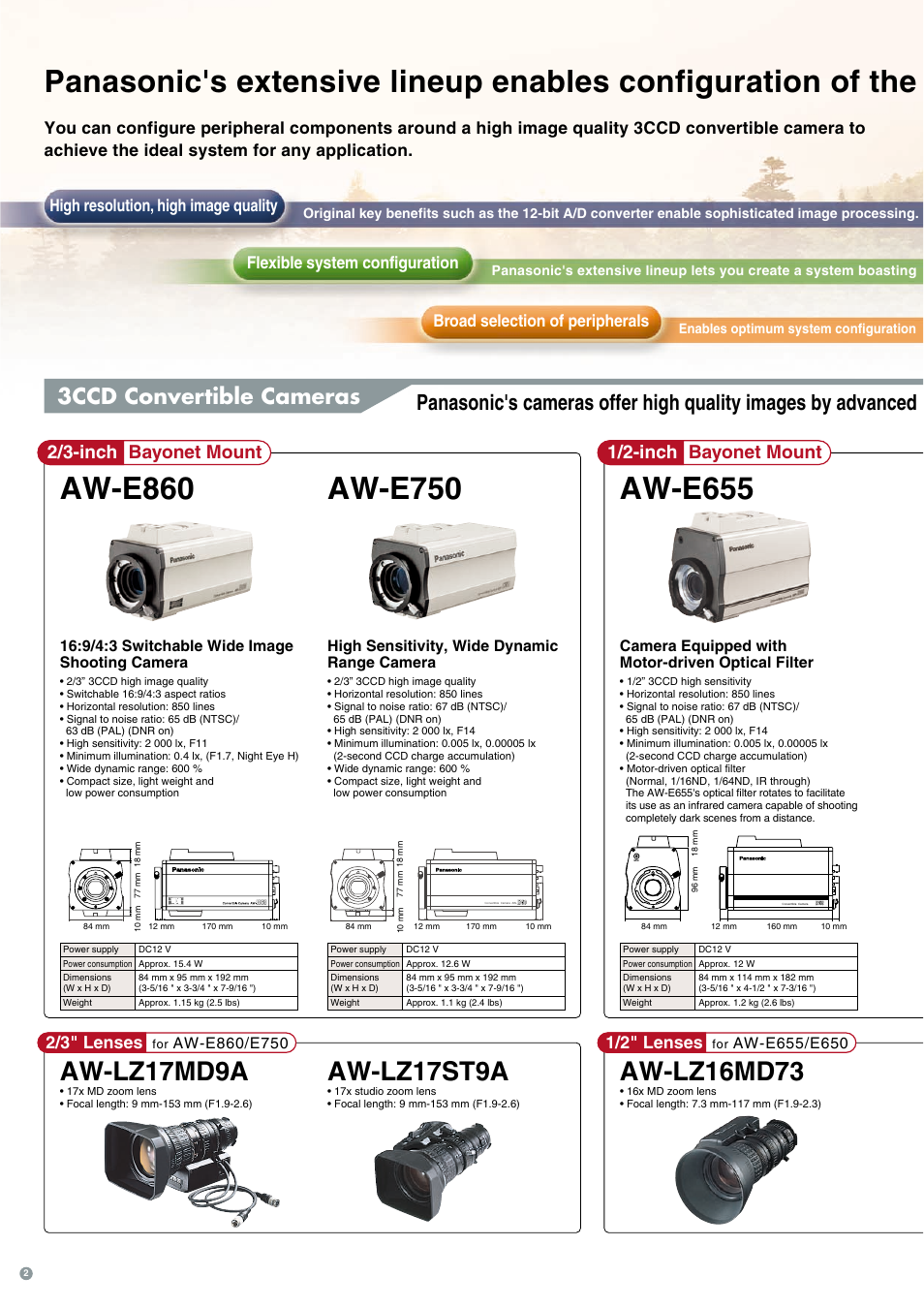 Aw-e860, Aw-e750, Aw-e655 | 2/3-inch bayonet mount, 1/2-inch bayonet mount, 2/3" lenses, 9/4:3 switchable wide image shooting camera, High sensitivity, wide dynamic range camera, Camera equipped with motor-driven optical filter | Panasonic 3CCD User Manual | Page 2 / 16