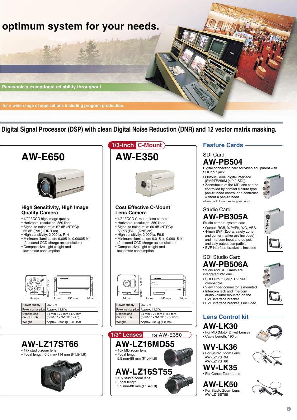 Optimum system for your needs, Aw-e650, Aw-e350 | Aw-pb504, Aw-pb305a, Aw-pb506a, Aw-lk30, Wv-lk36, Wv-lk35, Aw-lk50 | Panasonic 3CCD User Manual | Page 3 / 16