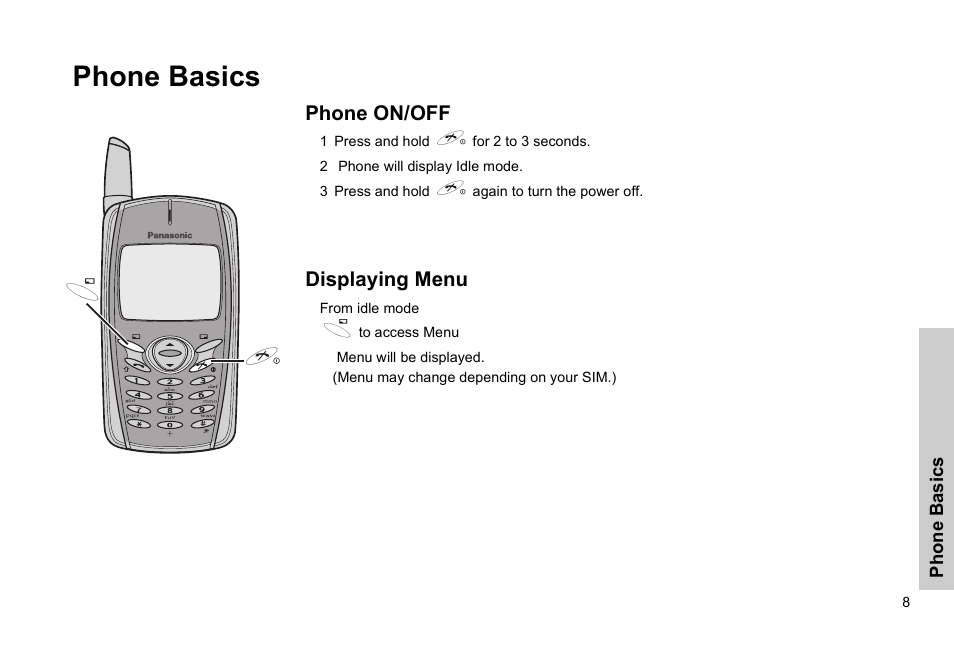 Phone basics, Phone on/off displaying menu | Panasonic GSM EB-G51M User Manual | Page 11 / 91