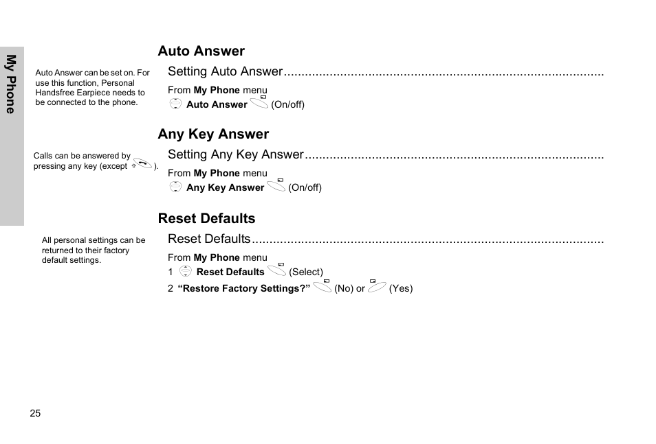 Auto answer any key answer reset defaults, Auto answer, Any key answer | Reset defaults | Panasonic GSM EB-G51M User Manual | Page 28 / 91