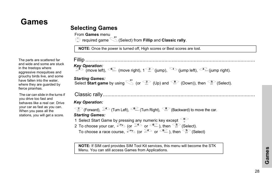 Games, Selecting games | Panasonic GSM EB-G51M User Manual | Page 31 / 91