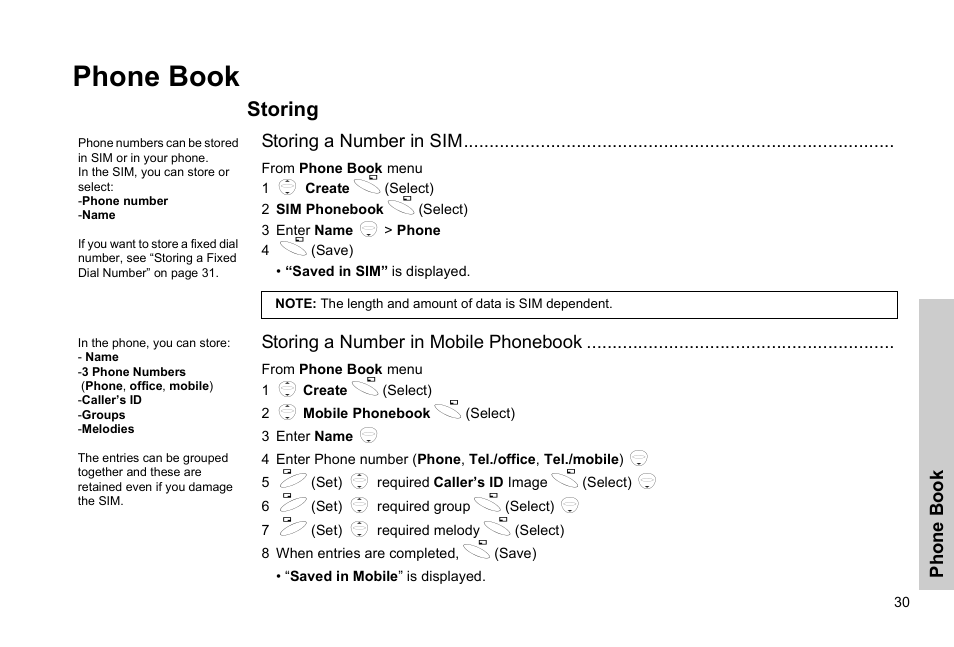 Phone book, Storing | Panasonic GSM EB-G51M User Manual | Page 33 / 91