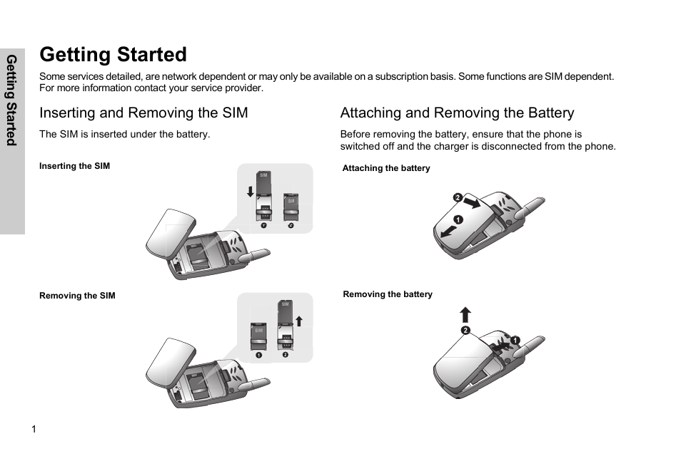 Getting started, Inserting and removing the sim, Attaching and removing the battery | Getting sta rted | Panasonic GSM EB-G51M User Manual | Page 4 / 91