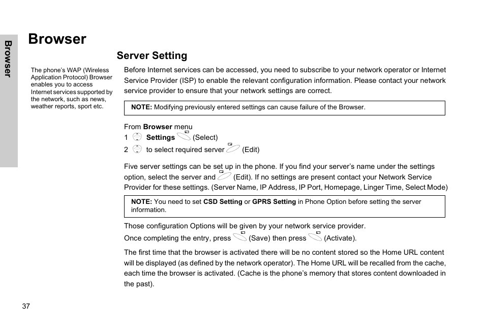 Browser, Server setting | Panasonic GSM EB-G51M User Manual | Page 40 / 91