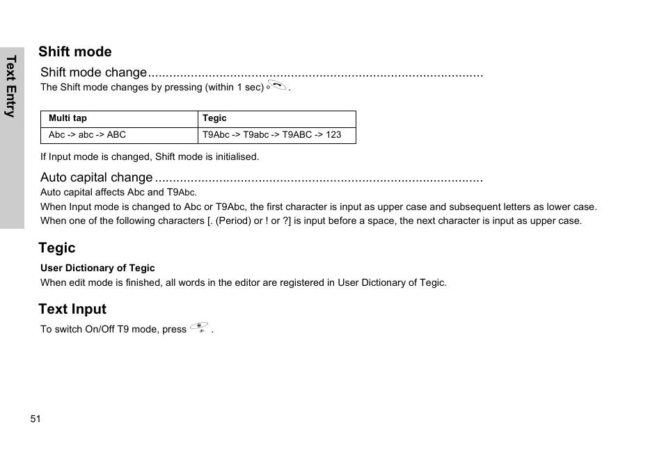 Shift mode tegic text input, Shift mode, Tegic | Text input | Panasonic GSM EB-G51M User Manual | Page 54 / 91