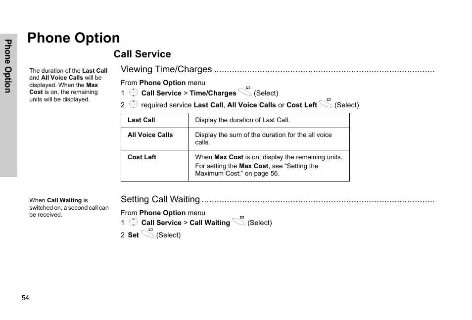 Phone option, Call service | Panasonic GSM EB-G51M User Manual | Page 57 / 91