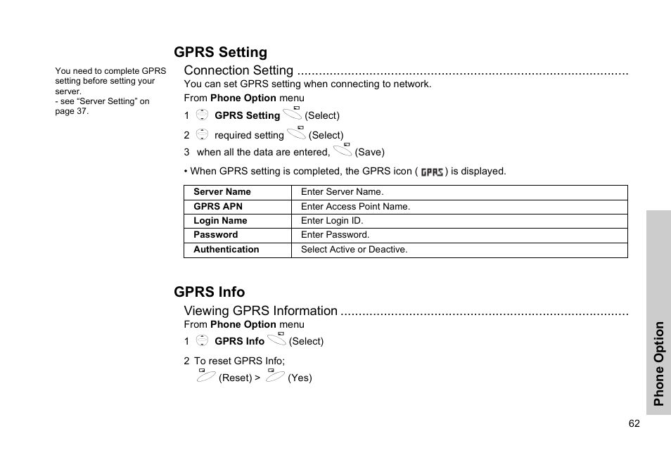 Gprs setting gprs info, Gprs setting, Gprs info | Panasonic GSM EB-G51M User Manual | Page 65 / 91