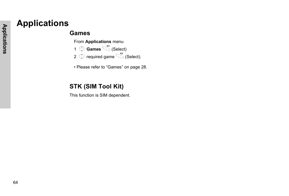 Applications, Games stk (sim tool kit) | Panasonic GSM EB-G51M User Manual | Page 67 / 91