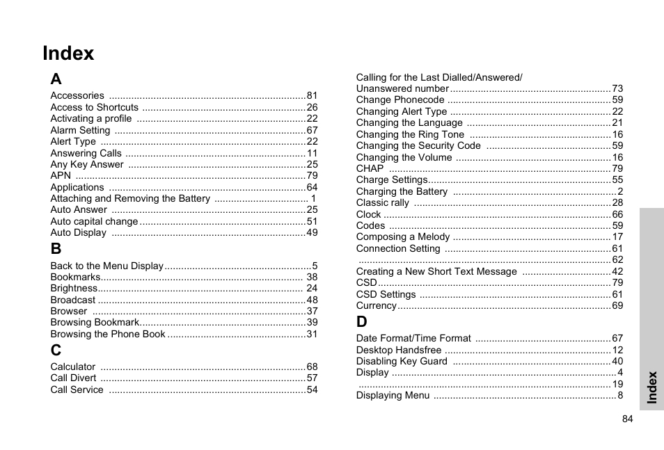 Index | Panasonic GSM EB-G51M User Manual | Page 87 / 91