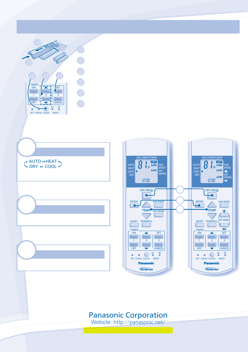 Quick guide, Panasonic corporation, Remote control preparation | Select the desired mode, Off/on, Off/on start/stop the operation, Temp, Temp select the desired temperature, Pull out, Insert aaa or r03 batteries (can be used ~ 1 year) | Panasonic CU-E18JKK-1 User Manual | Page 12 / 12