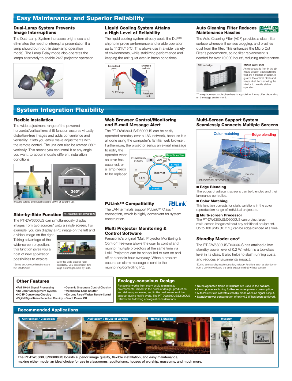 Side-by-side function, Standby mode: eco, Pjlink™ compatibility | Multi projector monitoring & control software, Flexible installation, Ecology-conscious design | Panasonic PT-DW6300US User Manual | Page 3 / 4