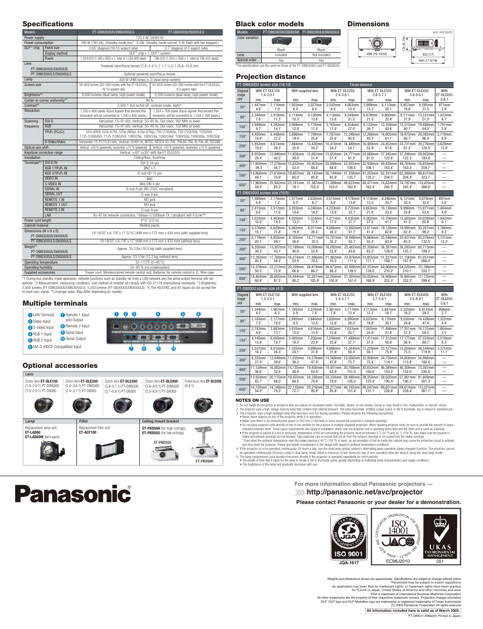 Multiple terminals black color models, Dimensions | Panasonic PT-DW6300US User Manual | Page 4 / 4
