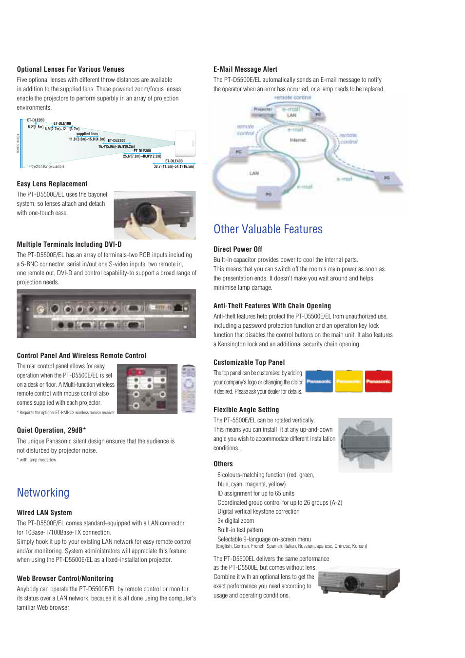 Other valuable features, Networking | Panasonic PT-D5500E/EL User Manual | Page 5 / 6
