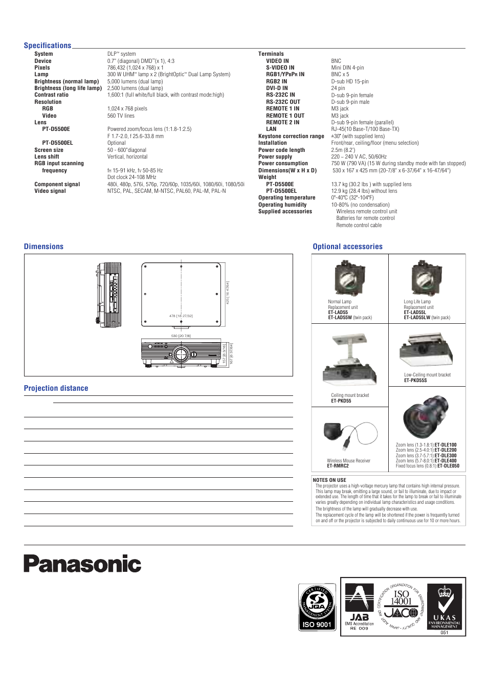 Dimensions optional accessories, Projection distance specifications | Panasonic PT-D5500E/EL User Manual | Page 6 / 6