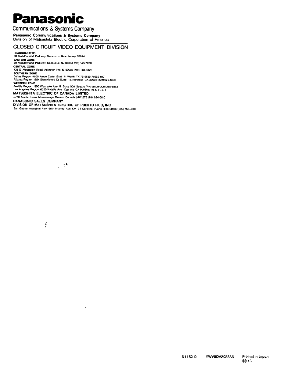 Panasonic, Communications & systems company | Panasonic WV-7220D User Manual | Page 10 / 10