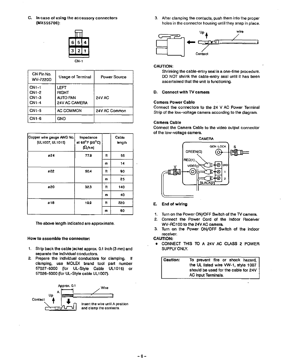 How to assemble the connector, Caution, D. connect with tv camera camera power cable | Camera cable | Panasonic WV-7220D User Manual | Page 7 / 10