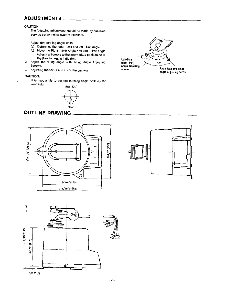Adjustments, Outline drawing | Panasonic WV-7220D User Manual | Page 8 / 10