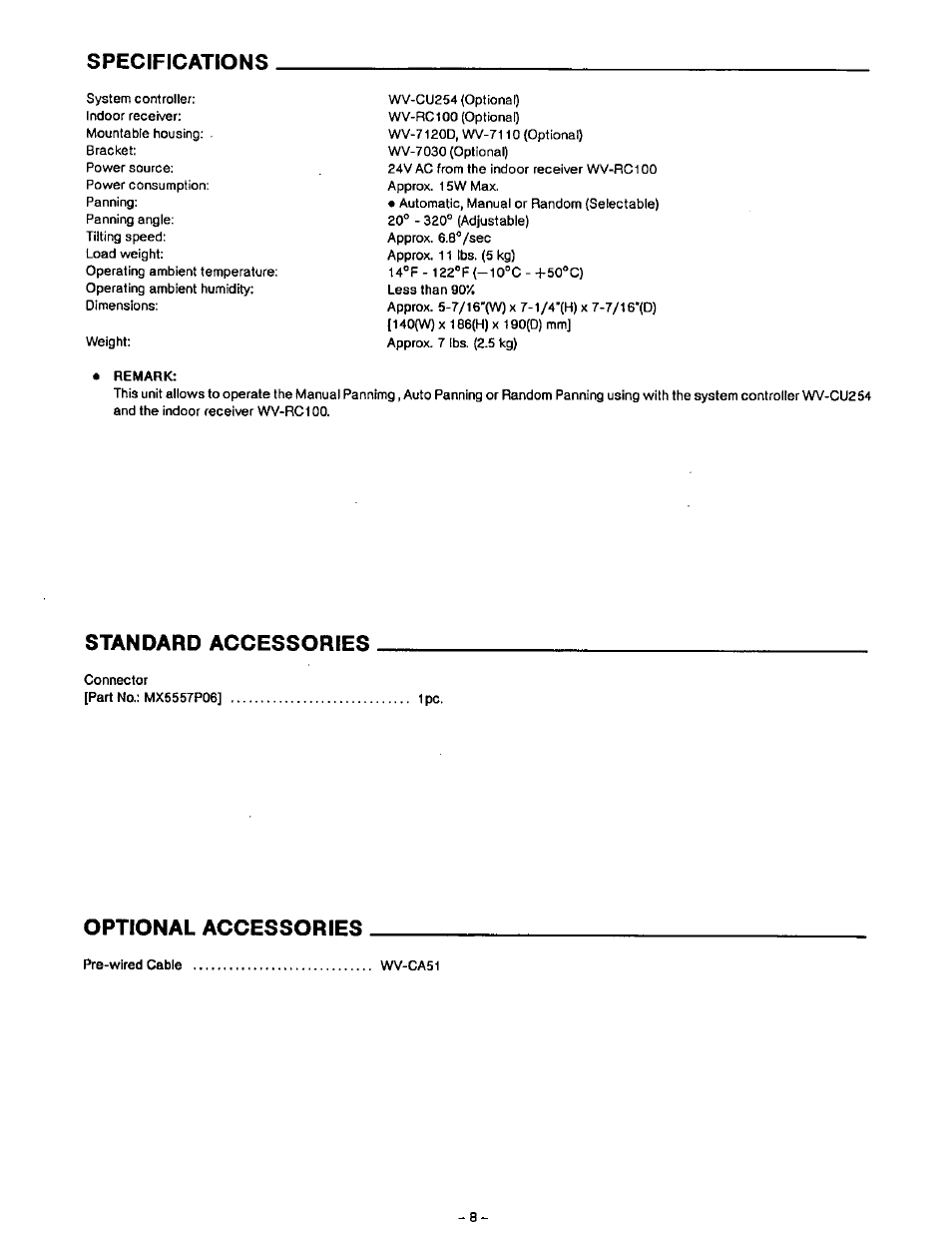Specifications, Standard accessories, Optional accessories | Panasonic WV-7220D User Manual | Page 9 / 10
