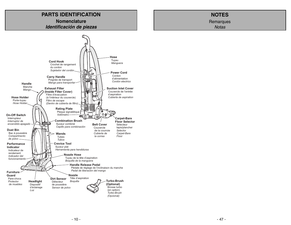 Parts identification, Nomenclature, Identificacion de piezas | Nomenclature identificación de piezas, Remarques notas | Panasonic MC-V7582 User Manual | Page 10 / 56