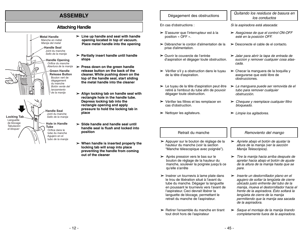 Assembly, Attaching handle | Panasonic MC-V7582 User Manual | Page 12 / 56