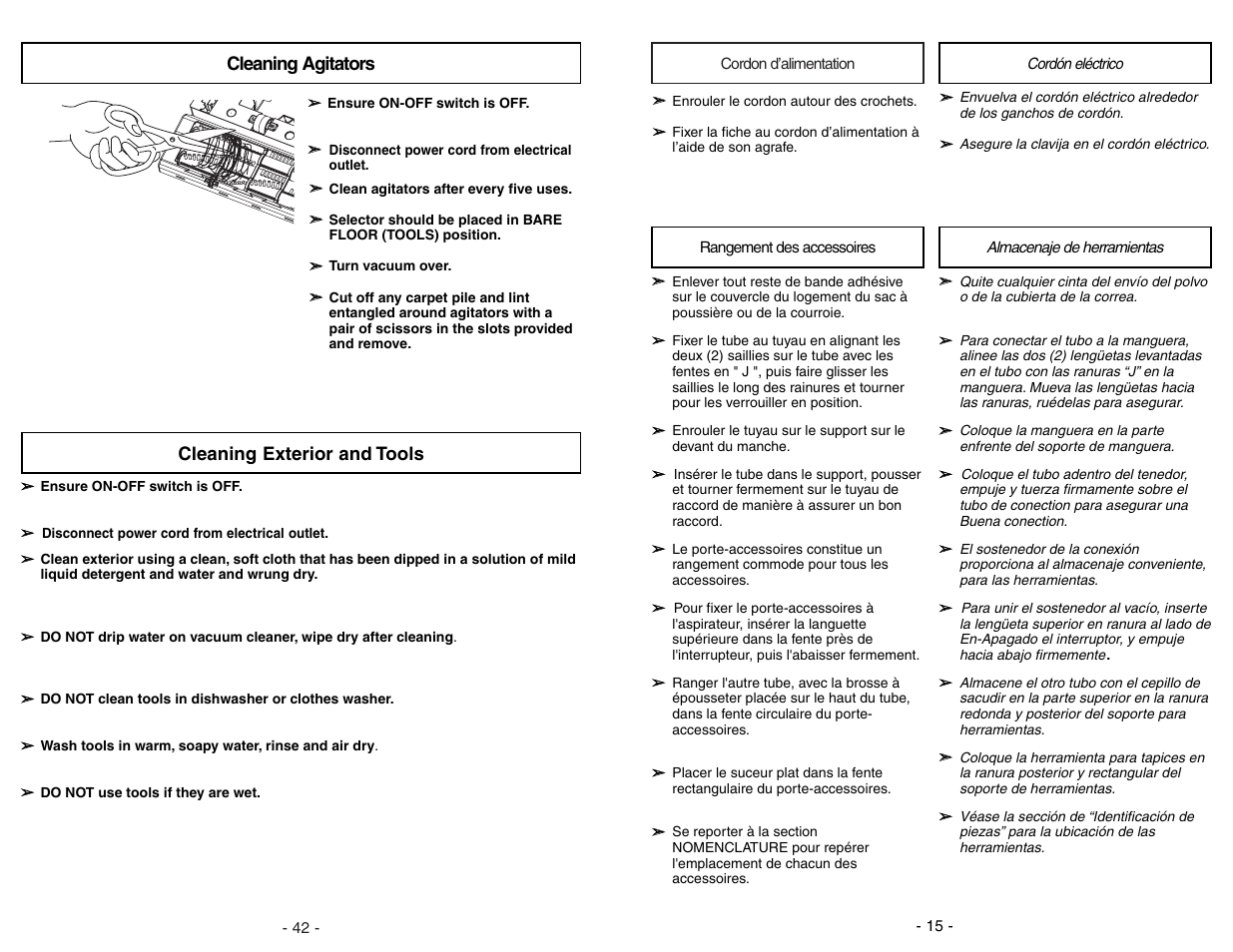 Cordon d'alimentation, Rangement des accessoires, Cordon electrico | Almacenaje de herramientas, Cleaning agitators, Cleaning exterior and tools | Panasonic MC-V7582 User Manual | Page 15 / 56