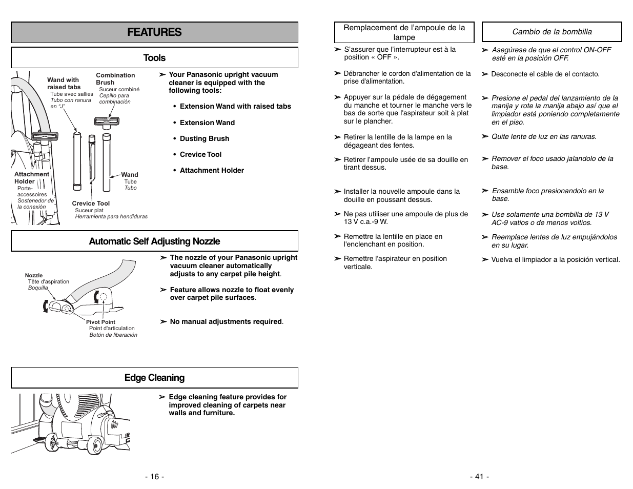 Features, Tools, Automatic self adjusting nozzle | Edge cleaning, Edge cleaning tools | Panasonic MC-V7582 User Manual | Page 16 / 56