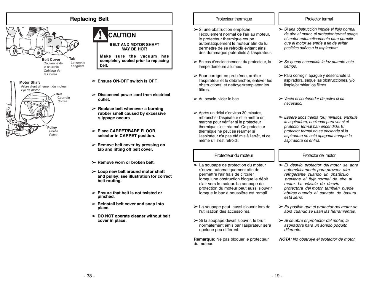 Protecteur thermique, Protecteur du moteur, Protector termal | Protector de motor, Caution, Replacing belt | Panasonic MC-V7582 User Manual | Page 19 / 56