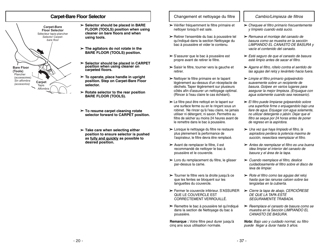 Carpet-bare floor selector | Panasonic MC-V7582 User Manual | Page 20 / 56