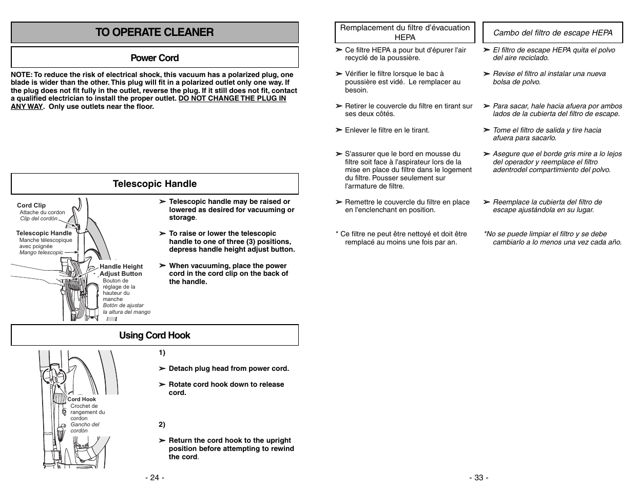 To operate cleaner, Power cord, Telescopic handle | Using cord hook, Power cord using cord hook | Panasonic MC-V7582 User Manual | Page 24 / 56