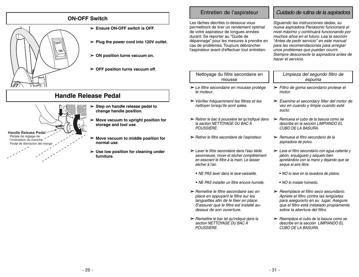 On-off switch, Handle release pedal, Entretien de l’aspirateur | Cuidado de rutina de la aspiradora | Panasonic MC-V7582 User Manual | Page 26 / 56