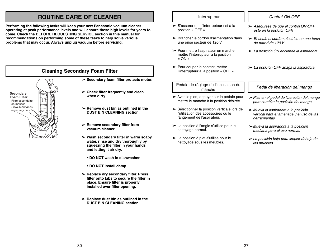 Interrupteur, Pedale de reglage de l'inclinaison du manche, Control on-off | Pedal de liberacion del mango, Routine care of cleaner, Cleaning secondary foam filter | Panasonic MC-V7582 User Manual | Page 27 / 56