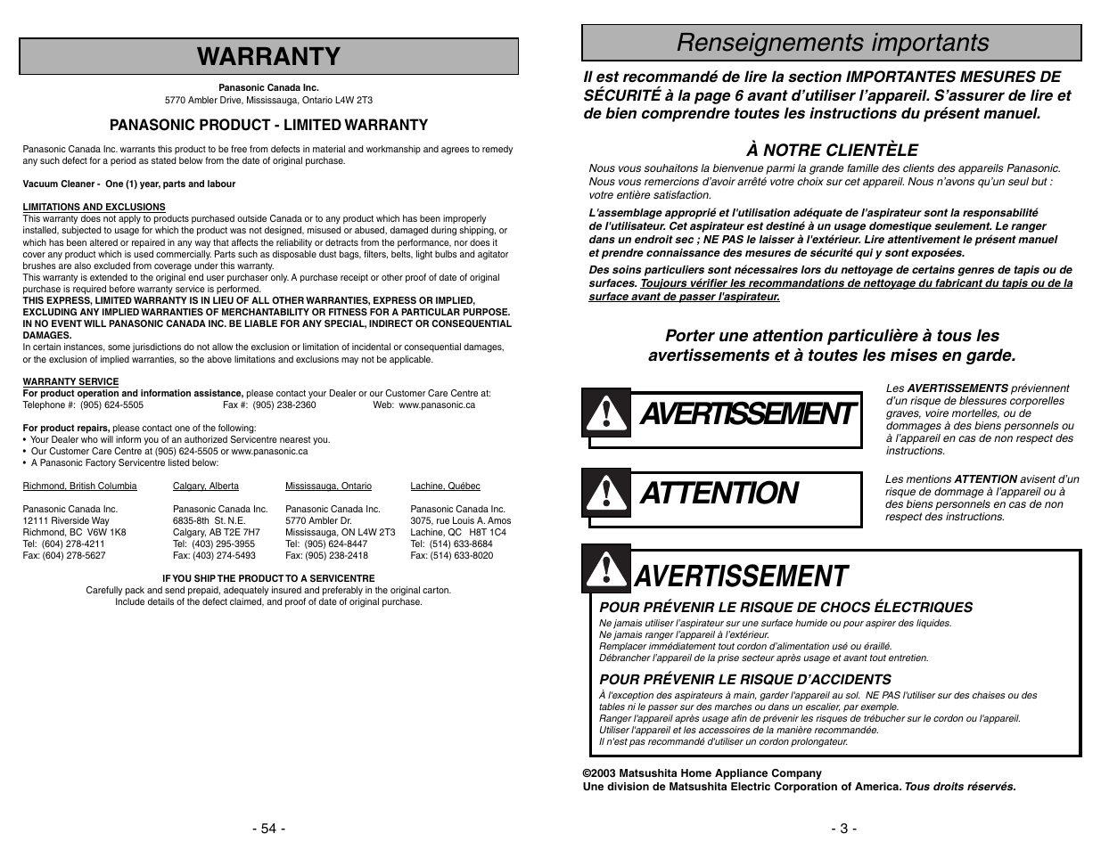 Renseignements importants, Attention, Avertissement | Warranty, À notre clientèle | Panasonic MC-V7582 User Manual | Page 3 / 56