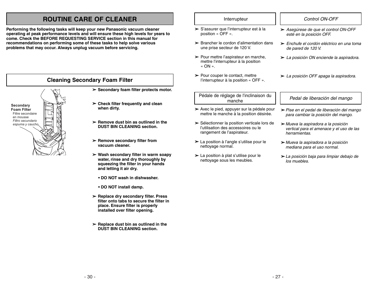 Routine care of cleaner, Cleaning secondary foam filter | Panasonic MC-V7582 User Manual | Page 30 / 56