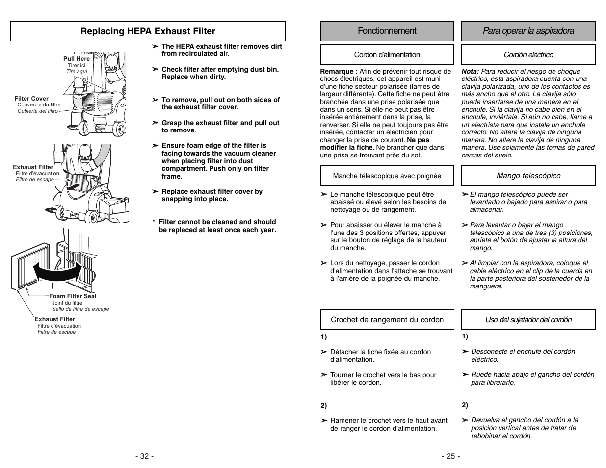 Replacing hepa exhaust filter, Fonctionnement para operar la aspiradora | Panasonic MC-V7582 User Manual | Page 32 / 56