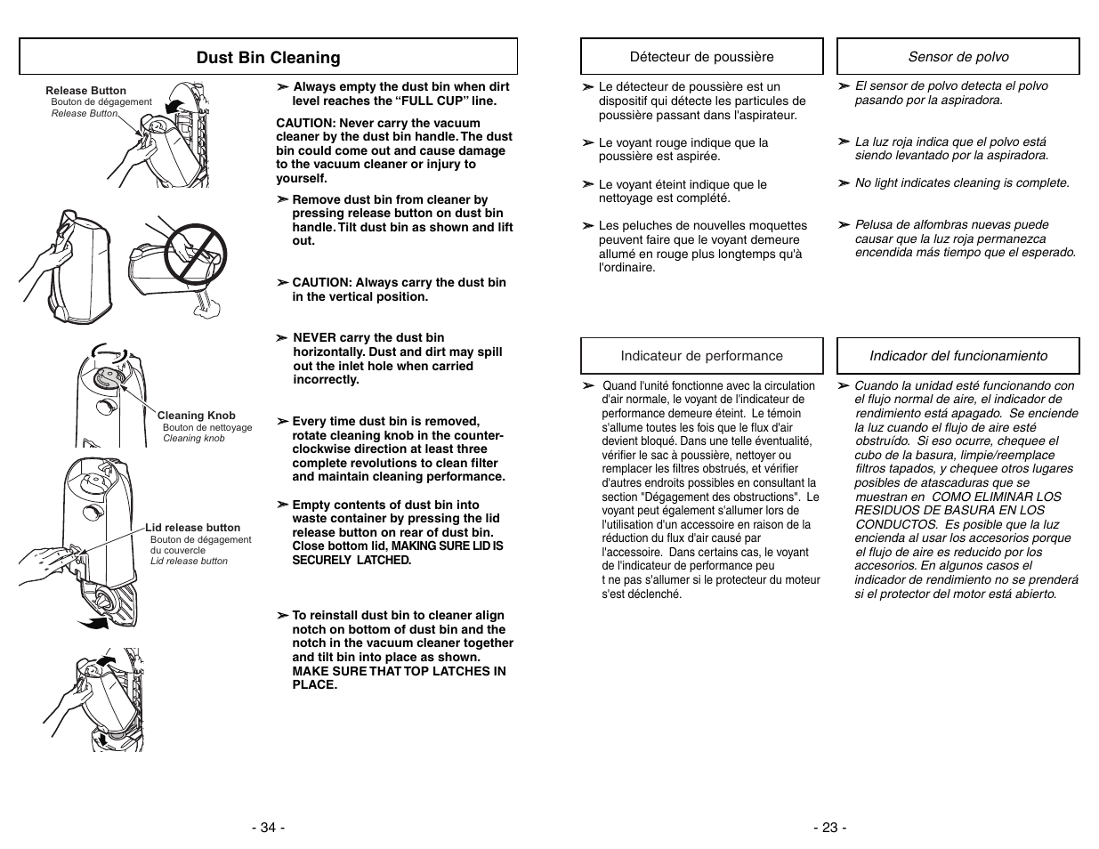 Dust bin cleaning | Panasonic MC-V7582 User Manual | Page 34 / 56
